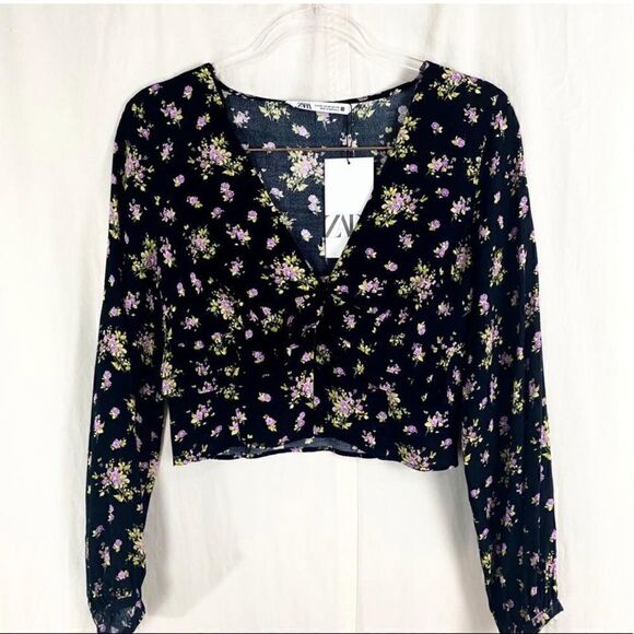 Zara Top Womens Size Medium Cropped Floral print Boho V Neck Blouse NWT - Picture 3 of 7